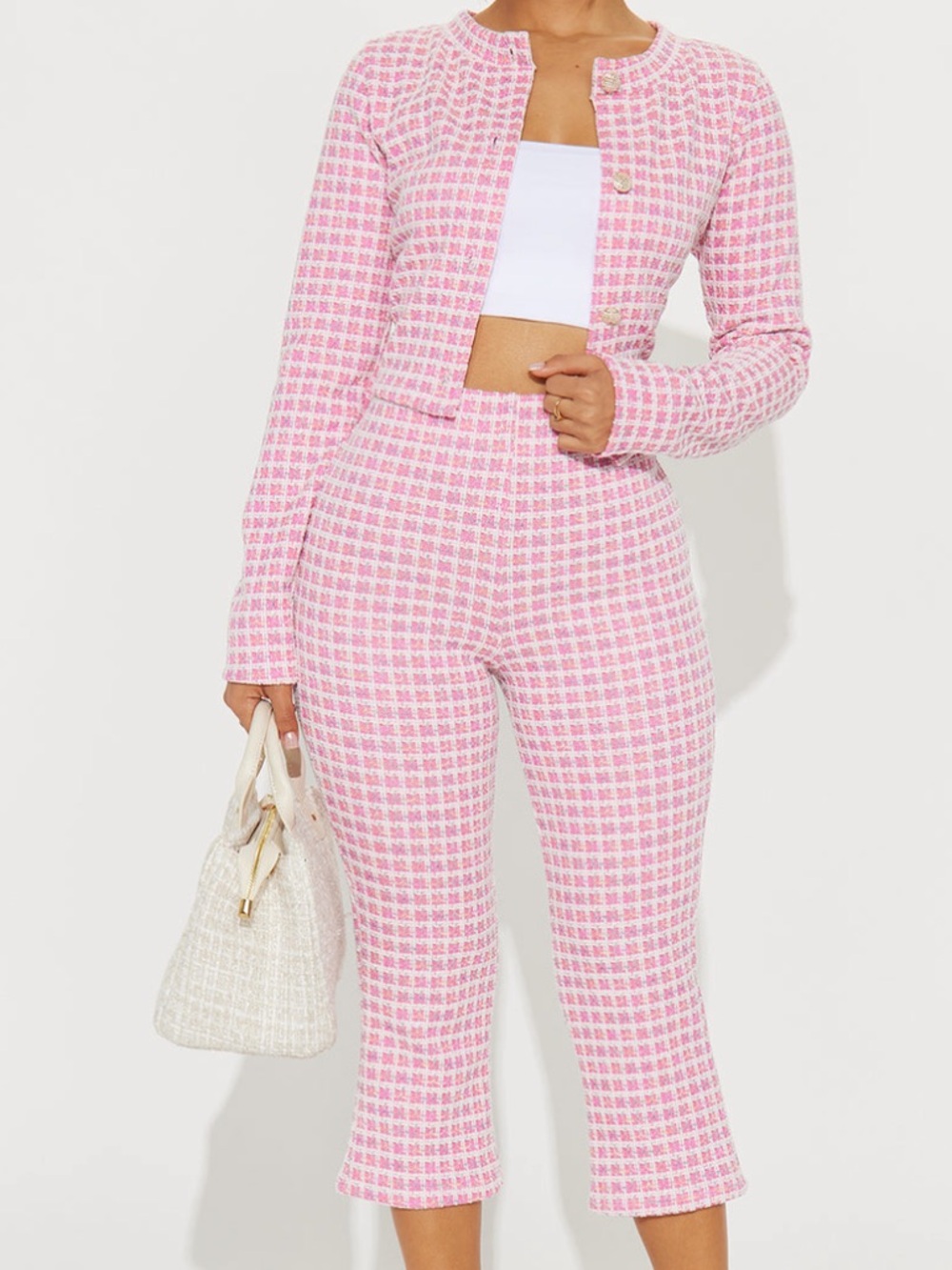Fashion Nova Pink Tweed Cropped Blazer Set